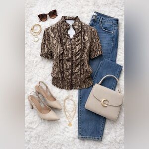 bebe Silk Ruffle Front Blouse | Brown Neutral Print | Size S | Y2K